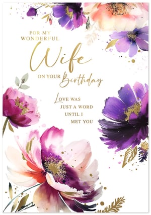 Celebrate her special day with our exquisite 'Wife' birthday card from Simon Elvin. This stunning design features a beautiful array of watercolour flowers in vibrant purples, delicate pinks, and soft oranges, all enhanced with elegant gold accents and subtle splatters for an artistic touch. The heartfelt message, 'FOR MY WONDERFUL Wife ON YOUR Birthday, LOVE WAS JUST A WORD UNTIL I MET YOU,' perfectly conveys deep affection. It's an ideal choice for customers looking to express their love and appreciation. Offer your shoppers this truly wonderful card to make her birthday unforgettable.