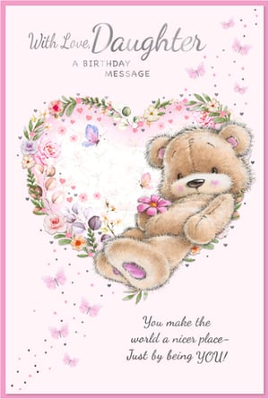 Celebrate your wonderful daughter's birthday with this absolutely charming card! Featuring an adorable fluffy teddy bear nestled within a beautiful floral heart, this design is bursting with sweetness. Delicate butterflies flutter around, adding to the enchanting pink and pastel colour palette. The heartfelt message, 'You make the world a nicer place - Just by being YOU!', perfectly expresses your love and appreciation. Crafted with care, this delightful Simon Elvin card is the perfect way to make her feel extra special on her big day. It’s more than just a card; it’s a warm hug in an envelope, sure to bring a smile to her face.