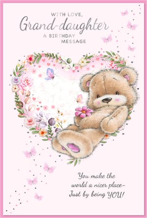Celebrate a special granddaughter's birthday with this adorable card from Simon Elvin. Featuring a charming teddy bear nestled within a beautiful heart-shaped floral wreath, complete with delicate butterflies, it's designed to bring a smile to her face. The sweet message, 'You make the world a nicer place - Just by being YOU!', perfectly conveys love and appreciation. With its soft pastel colours and delightful artwork, this card is a wonderful way to send birthday wishes. Available in a convenient pack of 6, it's ideal for retailers looking to offer high-quality, heartfelt greetings for granddaughters.