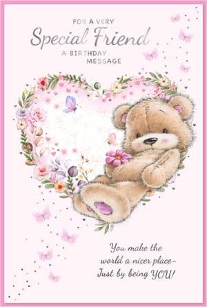 Make a special friend's birthday unforgettable with this charming card from Simon Elvin. Adorned with a delightful teddy bear holding a pink flower, nestled within a beautiful heart-shaped wreath of roses and foliage, this design exudes warmth and affection. Delicate butterflies flutter around, adding a touch of whimsy to the soft pink background. The heartfelt message, "You make the world a nicer place - Just by being YOU!", perfectly conveys appreciation and love. Ideal for celebrating a female friend, this card is a wonderful way to show you care. Available in a convenient 1x6 pack size, it's a must-have for your greeting card selection.