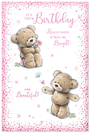 Make her birthday extra special with this delightful Open Birthday Female card from Simon Elvin. This charming design features two adorable teddy bears, sure to bring a smile to any recipient. One sweet bear sits holding a delicate pink flower, while the other playfully reaches out to butterflies, all set against a backdrop of scattered blossoms.
The card is beautifully finished with a pretty pink glitter border and carries the heartfelt message: "IT'S YOUR Birthday, REALLY HOPE IT WILL BE Bright AND Beautiful!" Perfect for celebrating any female's special day, these lovely cards come in a convenient pack of 6, ready to add a touch of warmth and joy to your retail offering.
