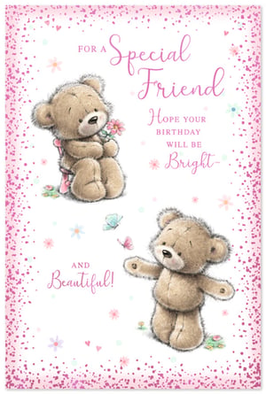 Celebrate a cherished bond with our delightful 'Friend Female' birthday card. This heartwarming design features two adorable teddy bears amidst a scattering of delicate flowers and playful butterflies, all framed by a charming pink glitter border. The sweet message inside wishes a 'Special Friend' a birthday that will be 'Bright and Beautiful!' Perfect for conveying warmth and affection, this card is sure to bring a smile to any female friend's special day. Stock up on this popular design, available in convenient packs of 6.