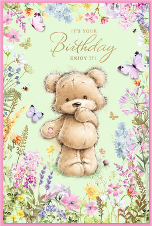 Delight your customers with this utterly charming 'Open Birthday Female' card from Simon Elvin. Featuring an adorable teddy bear, looking thoughtfully sweet amidst a vibrant meadow of wildflowers and fluttering butterflies, this design is sure to bring a smile to any recipient's face. The soft pastel colours and intricate floral details create a truly beautiful and heartwarming scene, perfect for celebrating a special birthday. The gold foil text, "IT'S YOUR Birthday ENJOY IT!", adds a touch of elegance. Stock up on this popular design, available in a convenient pack size of 1x6, and offer your shoppers a truly lovely way to send their best wishes.