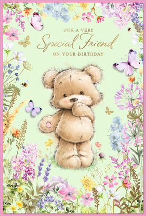 Celebrate a special friend's birthday with this enchanting card from Simon Elvin. This delightful design features an irresistibly cute teddy bear, thoughtfully posed amidst a vibrant tapestry of wildflowers, fluttering butterflies, and busy bees. The soft green background, framed by a delicate pink border, perfectly complements the colourful botanical illustrations. With the warm message "For a Very Special Friend on Your Birthday" elegantly scripted, this card is ideal for conveying heartfelt wishes to any female friend. Supplied in a convenient pack of 6, this charming card is a wonderful addition to your greeting card selection, promising to bring joy to every recipient.