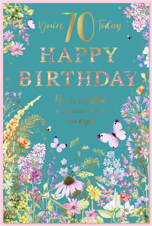 Celebrate a milestone 70th birthday with this truly delightful Age 70 Female card from Simon Elvin. Designed with a vibrant teal background, it features elegant gold lettering for "You're 70 Today" and a heartfelt message: "May it be filled with everything you enjoy." The "HAPPY BIRTHDAY" text is beautifully rendered in a charming floral pattern, adding a touch of natural elegance.

The card is adorned with an abundant wild garden scene, bursting with colourful flowers in shades of pink, purple, yellow, and white. Graceful butterflies flutter amongst the blooms, accompanied by busy bees, creating a cheerful and serene atmosphere. This card is perfect for sending warm, celebratory wishes to a special woman on her 70th birthday. Supplied in a convenient pack of 6, it's an ideal addition to your greeting card range, offering beauty and quality for your customers.