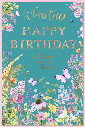 Celebrate her special day with this beautiful 'Partner Female' birthday card from Simon Elvin. Featuring a vibrant teal background adorned with a stunning array of wildflowers, delicate butterflies, and busy bees, this card is a true delight.

The elegant gold foil lettering spells out "For My Partner HAPPY BIRTHDAY With Love Today And Always," adding a touch of luxury and warmth. Intricate floral patterns within the letters themselves enhance its charm. Perfect for expressing your heartfelt affection, this card combines natural beauty with a loving message.

Stock up with this lovely design, available in a convenient 1x6 pack size.