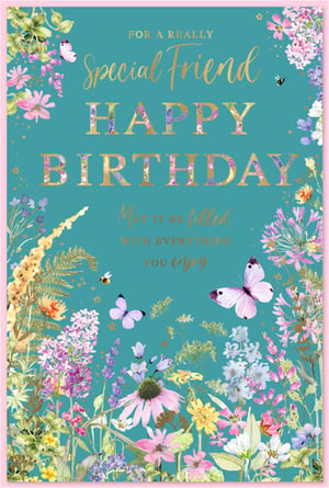 Wish a truly special friend the happiest of birthdays with this enchanting card from Simon Elvin. Featuring a delightful array of vibrant wildflowers in shades of pink, purple, and yellow, set against a serene teal background, this design is bursting with natural beauty. Delicate butterflies and busy bees flutter amongst the blooms, adding a touch of whimsical charm. The heartfelt message, 'FOR A REALLY Special Friend HAPPY BIRTHDAY May it be filled with everything you enjoy', is elegantly presented in shimmering gold lettering, some adorned with subtle floral patterns. This beautiful card is the perfect way to convey your warm wishes and celebrate a wonderful female friend. Available in a convenient pack of 6, ensuring you're always prepared for those special occasions.