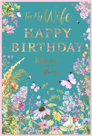 Celebrate your wife's special day with this enchanting birthday card from Simon Elvin. Featuring a vibrant meadow of wildflowers in soft pinks, purples, and yellows, alongside delicate butterflies and busy bees, this design truly captures the beauty of nature. The serene teal background perfectly highlights the elegant golden script and floral-patterned lettering that spells out 'For My Wife Happy Birthday With Love Today And Always'. This card offers a heartfelt way to express enduring affection. Supplied in convenient packs of 6, it's a delightful addition to your greeting card selection, ready to bring joy to loving husbands and their wives.