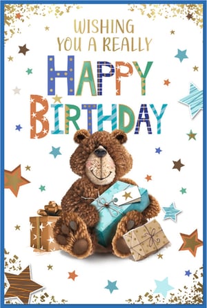 Bring a smile to any birthday boy's face with this charming Open Birthday Male card from Simon Elvin. Featuring an adorable brown teddy bear clutching a gift, surrounded by festive stars and golden confetti, this card is bursting with cheer. The vibrant, patterned "HAPPY BIRTHDAY" lettering adds a playful touch, while the message "Wishing you a really happy birthday" completes the heartfelt sentiment. Perfect for all ages, this delightful design is sure to be a popular choice for your customers. Stock up with this convenient pack of 6.