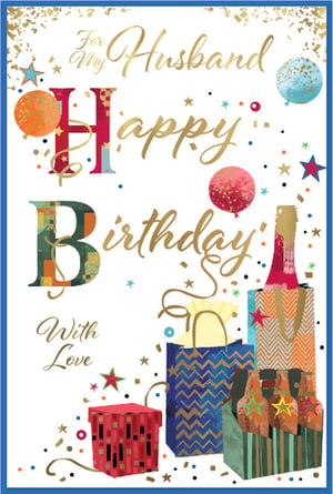 Celebrate his special day with our 'Husband' Birthday Card from Simon Elvin. This vibrant and loving card is perfect for showing appreciation.

Featuring a delightful design with shimmering gold accents, colourful balloons, and an array of festive gifts, it truly captures the joy of a birthday. The bold 'Happy Birthday' message, complemented by 'For My Husband' and 'With Love' in elegant script, conveys heartfelt sentiment.

Stock up on this popular choice; each pack contains 6 beautifully designed cards, ensuring your customers find the perfect way to celebrate their husband.
