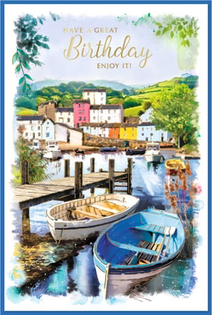 Introduce your customers to this delightful 'Open Birthday Male' card from Simon Elvin. Featuring a stunning watercolour illustration, this card transports you to a charming harbour village, complete with colourful houses, serene waters, and classic rowing boats. The vibrant greens of the hills and the clear blue sky create a truly inviting scene.
With the warm message 'Have a Great Birthday, Enjoy It!', it's a perfect choice for celebrating any special man in their life. This beautifully designed card offers a touch of tranquility and artistry, making it a memorable way to send birthday wishes. Available in a convenient pack size of 1x6, it's an excellent addition to your greeting card selection.