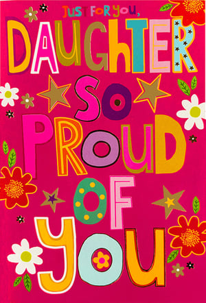 Show your daughter just how proud you are with this lovely greeting card from Simon Elvin. Featuring the heartfelt message 'Just For You, DAUGHTER SO PROUD OF YOU', this card boasts a vibrant and cheerful design. Each letter is uniquely styled in a mix of bold colours and patterns, creating an engaging and fun look. Adorned with stars and flowers against a bright pink background, it's a wonderful way to convey your affection and pride. This popular 'Daughter' card is supplied in a handy pack of 6, perfect for your retail display. A thoughtful choice for customers looking to celebrate their daughters.