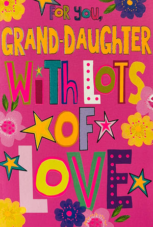 Show your granddaughter just how much she's loved with this vibrant and cheerful greeting card! Featuring bold, colourful lettering that spells out 'FOR YOU, GRAND-DAUGHTER WITH LOTS OF LOVE', this card is bursting with affection. The playful design is adorned with bright stars and charming flowers against a lively pink background, making it truly eye-catching. Perfect for any special occasion or just to send a heartfelt message, this card is sure to bring a smile. Supplied by Simon Elvin, these delightful cards come in a convenient pack of 6, ready for your retail display.