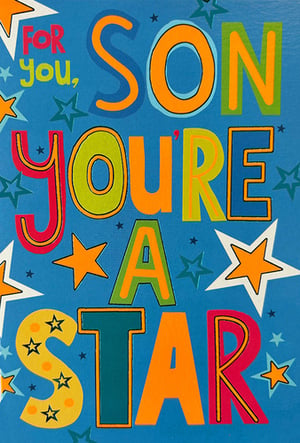 Celebrate the amazing sons in your customers' lives with this vibrant 'Son, You're A Star' card from Simon Elvin. Featuring a cheerful blue background adorned with stars, the bold, colourful lettering delivers a heartwarming message of encouragement and pride. Each letter pops with unique colours and outlines, making this card truly stand out. Perfect for birthdays, achievements, or simply to show appreciation, its bright design is sure to bring a smile. Stock up on this popular choice, available in convenient packs of 6, and offer your customers a brilliant way to tell their sons just how special they are.