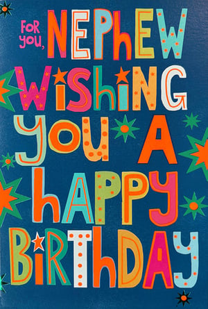 Make your nephew's birthday extra special with this vibrant and fun card from Simon Elvin! This eye-catching 'Nephew' birthday card features a playful mix of bold colours and patterns, sure to stand out.
The cheerful lettering spells out 'FOR YOU, NEPHEW WISHING YOU A HAPPY BIRTHDAY', with each letter a burst of colour, adorned with stars and dots for a truly celebratory feel. Bright orange, pink, blue, and green hues pop against the deep blue background, making it an irresistible choice for any nephew.
Perfect for retailers seeking a high-quality, visually appealing birthday card. Available in a convenient 1x6 pack size, ensuring you're well-stocked. Add a splash of joy to your greeting card selection with this fantastic design!