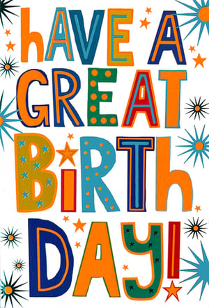 Make every birthday celebration extra special with this vibrant 'HAVE A GREAT BIRTHDAY!' card from Simon Elvin. Designed with a broad appeal for male recipients, this cheerful card features bold, multi-coloured lettering, each character adorned with playful patterns like dots, stars, and stripes. Scattered orange stars and dynamic starbursts enhance the festive feel, creating an energetic and memorable design. Its lively aesthetic is guaranteed to bring a smile. Ideal for any retail setting, these popular cards come in a convenient pack of 6, ensuring your customers are always prepared for those important birthday moments.