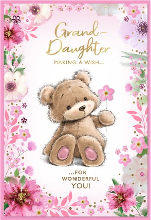 Celebrate your wonderful granddaughter with this delightful greeting card! This charming design features an irresistibly cute teddy bear, holding a delicate pink flower, set against a backdrop of beautiful pink and white floral accents. The warm, gold-foiled message reads 'Grand-Daughter MAKING A WISH... ...FOR WONDERFUL YOU!', making it the perfect choice for birthdays, special achievements, or simply to send a loving message. Crafted with care by Simon Elvin, these high-quality cards are sure to be a popular pick for your customers. Each wholesale pack contains 6 identical cards, ready to brighten any granddaughter's day.
