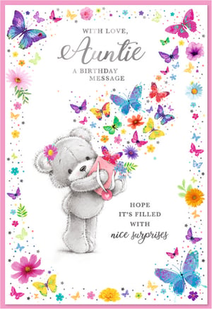 Celebrate your wonderful Auntie's birthday with this enchanting greeting card from Simon Elvin. This charming design features an adorable grey bear, lovingly holding a pink envelope from which a vibrant cascade of colourful butterflies and delicate flowers bursts forth. The heartfelt message reads, 'With Love, Auntie, A Birthday Message' and 'Hope it's filled with nice surprises', making it perfect for conveying warm wishes. Adorned with a cheerful pink border and scattered floral accents, this card is sure to bring joy. Supplied in a convenient pack of 6, it's an ideal choice for retailers looking to offer a truly special birthday card.