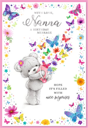 Send heartfelt wishes to a beloved Nanna with this delightful birthday card from Simon Elvin. This charming design features an adorable grey teddy bear, gently holding a gift that overflows with a cascade of colourful butterflies and delicate blossoms. The sweet message, 'WITH LOVE, Nanna, A BIRTHDAY MESSAGE, HOPE IT'S FILLED WITH nice surprises,' is beautifully presented, surrounded by a vibrant array of fluttering wings and pretty flowers. Perfect for conveying warmth and affection, this card is sure to make Nanna's day extra special. Stock up with our convenient pack size of 6 cards.