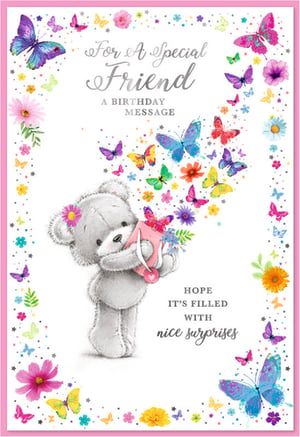 Delight your customers with this charming 'Friend Female' birthday card from Simon Elvin. Featuring an adorable grey teddy bear releasing a flurry of vibrant butterflies and flowers, this card is perfect for celebrating a special friend. The heartfelt message, 'For A Special Friend A BIRTHDAY MESSAGE HOPE IT'S FILLED WITH nice surprises', adds a warm touch. With a beautiful border of colourful blooms and delicate butterflies, this card is sure to bring joy. Supplied in a convenient pack of 6, it's an ideal addition to any greeting card selection.