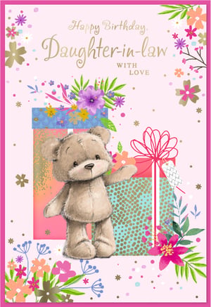 Celebrate a Daughter-in-law's birthday with this delightful card from Simon Elvin. The design showcases a sweet teddy bear, surrounded by a burst of colourful flowers and elegantly wrapped gifts. The message 'Happy Birthday, Daughter-in-law WITH LOVE' is presented in a beautiful script on a gentle pink background, accented with delicate floral details and a touch of sparkle. It's a thoughtful way to send birthday wishes. Supplied in a convenient pack of 6, this card is a lovely addition to your greeting card range, offering customers a charming option for this special occasion.
