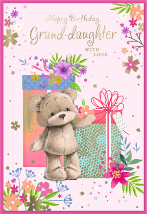 Celebrate a special granddaughter's birthday with this utterly charming card from Simon Elvin. Featuring an adorable teddy bear amidst beautifully wrapped gifts and a delightful array of colourful flowers, this design is sure to bring joy. The soft pink background is elegantly accented with shimmering gold details and playful confetti, creating a truly heartwarming scene. With its sweet message, 'Happy Birthday, Grand-daughter WITH LOVE', this card is the perfect way to convey affection and make her day extra special. Supplied in a convenient pack of 6, these delightful cards are an essential and appealing addition to any greeting card display, ready to brighten up your customers' shelves.