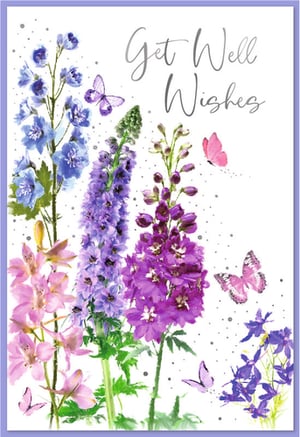 Offer your customers a truly uplifting message with this beautiful 'Get Well Female' card from Simon Elvin. Featuring a stunning watercolour design of vibrant delphiniums and delicate butterflies in shades of blue, purple, and pink, this card is sure to bring a smile. The elegant 'Get Well Wishes' script adds a touch of sophistication, while subtle sparkling details enhance its charm. Perfect for conveying heartfelt sentiments to friends and loved ones, this card is an ideal choice for any retail display. Supplied in a convenient pack of 6, it’s ready to brighten someone's day.