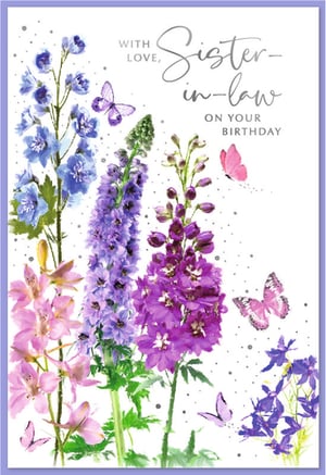 Help your customers celebrate their Sister-in-law's birthday in style with this charming card from Simon Elvin. This beautiful design features a delightful watercolour illustration of tall, colourful flowers in shades of blue, purple, and soft pink, accented by graceful butterflies. The elegant silver script conveys a warm message: "WITH LOVE, Sister-in-law ON YOUR BIRTHDAY." It's a thoughtful and visually appealing choice for a special family member. Available in a convenient pack of 6, this card is a lovely addition to any greeting card display, offering a touch of elegance and heartfelt sentiment.