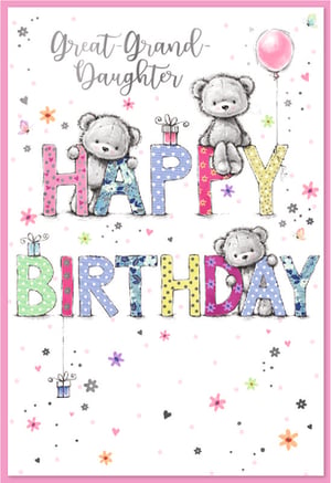 Make a Great Granddaughter's birthday extra special with this enchanting card from Simon Elvin. This delightful design showcases adorable teddy bears playfully arranged around vibrant, patterned letters spelling "HAPPY BIRTHDAY". With charming details like a cheerful pink balloon, delicate butterflies, and scattered hearts and flowers, it's a truly heartwarming choice. The pastel colour palette and sweet illustrations make it a perfect pick for celebrating a cherished family member. Stock up on these high-quality cards, available in a convenient pack of 6, to offer your customers a truly lovely option for that special Great Granddaughter.