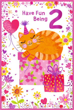 Celebrate a special little one's second birthday with this adorable 'Age 2 Female' card from Simon Elvin. Featuring a super cute orange tabby cat, complete with a party hat, snoozing peacefully on a stack of colourful gifts, this card is sure to bring a smile. The vibrant design is bursting with cheerful pinks, purples, and yellows, adorned with playful hearts, confetti, and pretty flowers. A heart-shaped balloon adds an extra touch of sweetness, all alongside the fun message, 'Have Fun Being 2'. Perfect for any little girl turning two, this delightful card captures the joy of a birthday celebration. Available in a convenient pack of 6, it's an ideal addition to your greeting card selection.