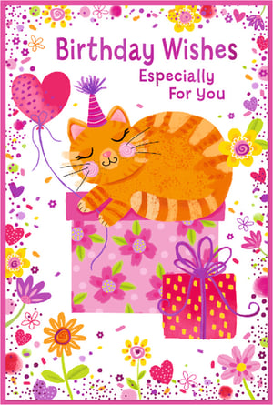 Make someone's birthday extra special with this delightful "Birthday Wishes Especially For You" card. It features an adorable orange cat, complete with a party hat, snoozing peacefully on a vibrant pink gift box. Bursting with charm, the cheerful design includes a sweet heart balloon, colourful flowers, and playful confetti, all framed by a pretty, decorative border. This heartwarming card is perfect for female recipients of all ages, offering a truly lovely way to send birthday greetings. It's sure to bring a smile and make any celebration feel even more joyful.