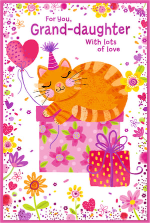 Make her day extra special with this utterly adorable 'Granddaughter' greeting card from Simon Elvin. Featuring a charming orange tabby cat, complete with a party hat, snoozing peacefully on a stack of colourful gifts, it's sure to bring a smile to any granddaughter's face. The vibrant design is bursting with cheerful flowers, hearts, and confetti, all framed beautifully to create a truly delightful card. With its sweet message, 'For You, Grand-daughter With lots of love', this card is perfect for birthdays or simply to show how much she's cherished. Stock up with our convenient pack of 6.