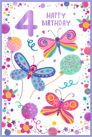 Celebrate a special 4th birthday with this enchanting card from Simon Elvin! Designed for a delightful little girl, this vibrant card features a bold '4' alongside cheerful 'HAPPY BIRTHDAY' wishes. Three beautifully illustrated butterflies, adorned with rainbow wings and playful patterns, flutter amongst colourful balloons, sparkling confetti, and sweet little hearts. The bright pinks, purples, blues, and greens create a truly joyful and whimsical scene that's sure to bring a smile to any four-year-old's face. Perfect for adding a touch of magic to their big day. Available in a convenient pack of 6.