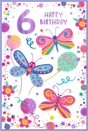 Celebrate a special 6th birthday with this enchanting card, perfect for a young girl. Featuring a vibrant "6" and a cheerful "HAPPY BIRTHDAY" message, this design is bursting with colour and fun. Three delightful butterflies, adorned with unique patterns including rainbows and polka dots, flutter across the front. Playful balloons, pretty flowers, and a scattering of stars and confetti complete this whimsical scene. Designed to bring a smile to any little girl's face, this card is a wonderful way to mark her special day. Supplied by Simon Elvin, these cards are available in convenient packs of 6.