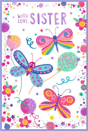 Celebrate the special bond with our delightful 'Sister' card, brought to you by Simon Elvin. This charming design is bursting with joy, featuring three whimsical butterflies in a kaleidoscope of colours, alongside playful balloons and cheerful confetti. Adorned with sweet hearts and pretty flowers, it's the perfect way to send love to a beloved sister. The vibrant hues and enchanting illustrations make this card truly stand out. Stock up on this lovely design, available in a convenient pack of 6, and offer your customers a truly heartwarming choice for their sisters.
