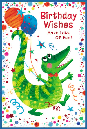Make any birthday extra special with this wonderfully vibrant 'Open Birthday Male' card from Simon Elvin. Featuring a super cheerful green crocodile in a snazzy red bow tie, happily holding colourful balloons amidst a shower of stars and confetti, it's bursting with fun! The playful design and message 'Birthday Wishes Have Lots Of Fun!' are perfect for boys and men of all ages. Stock up with this delightful pack of 6 and bring smiles to your customers' faces.