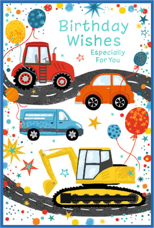 Get ready to celebrate with this fantastic 'Open Birthday Male' card from Simon Elvin! Perfect for any young vehicle enthusiast, this vibrant card features a delightful array of colourful vehicles, including a sturdy red tractor, a speedy orange car, a cool blue van, and a powerful yellow excavator, all cruising along a fun-filled road. Adorned with cheerful balloons and sparkling stars, it’s sure to bring a smile to any boy's face on his special day. With its playful design and heartfelt 'Birthday Wishes Especially For You' message, this card is an absolute winner. Available in a convenient pack of 6, it's an essential addition to your greeting card collection, ready to delight your customers.