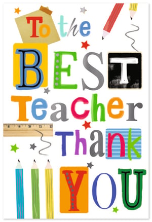 Show your appreciation with our vibrant 'Thank You Teacher' cards from Simon Elvin. This delightful design is bursting with colour and charm, featuring playful school-themed elements like pencils, a ruler, and a chalkboard. Each letter of 'To the BEST Teacher Thank YOU' is uniquely styled, creating a fun and engaging look that teachers will adore. Perfect for end-of-term gifts or any occasion to say a special thank you, these cards are sure to bring a smile. Available in a convenient pack size of 1x6, they're ideal for your retail display. Help your customers express their gratitude with this wonderfully cheerful card.