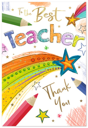 Help your customers express their gratitude with this charming 'Thank You Teacher' card from Simon Elvin. This delightful design bursts with colour, featuring playful pencils, twinkling stars, and a vibrant rainbow motif, making it the perfect way to celebrate a special educator. The cheerful 'Teacher' lettering and elegant 'Thank You' script add a heartfelt touch. Supplied in a convenient pack of 6 cards, this product is ideal for retailers looking to stock up on popular appreciation cards. A wonderful choice for end-of-term gifts or any occasion to acknowledge a fantastic teacher. Stock these lovely cards and bring smiles to both teachers and students alike!