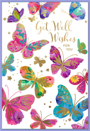 Brighten someone's day with our beautiful 'Get Well Female' card from Simon Elvin. This uplifting design features a delightful flutter of colourful butterflies, each adorned with intricate patterns and shimmering gold accents. Against a crisp white background, the vibrant pinks, purples, blues, and greens create a truly cheerful scene. The elegant gold script conveys heartfelt 'Get Well Wishes FOR YOU', making it the perfect way to send warmth and positivity. Ideal for any female recipient, this card is sure to bring a smile. Available in a convenient pack of 6, ready to stock your shelves.