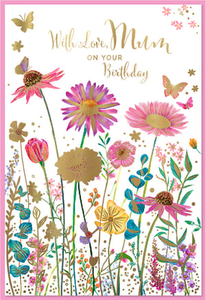 Help your customers celebrate their wonderful Mums with this exquisite birthday card from Simon Elvin. Featuring a stunning array of vibrant wildflowers and delicate butterflies, this card is a true work of art. Beautifully accented with shimmering gold foil details, the heartfelt message 'With Love, Mum ON YOUR Birthday' stands out elegantly. The rich colours and intricate design make this card a delightful choice for any Mum's special day. Stock up on this popular design, available in a convenient pack of 6, and add a touch of floral charm to your greeting card display.