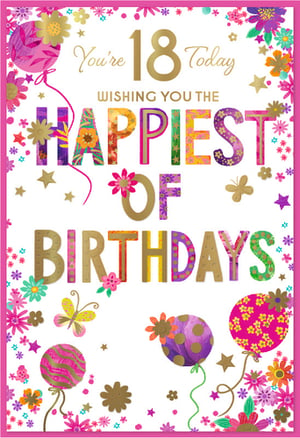 Celebrate a special 18th birthday with this stunning card from Simon Elvin. Designed specifically for a female recipient, it features a prominent gold '18' alongside the joyful message, "Wishing You The Happiest Of Birthdays." The card is a riot of colour and pattern, with decorative letters, whimsical balloons, and delicate butterflies. Rich pinks, purples, and golds combine with vibrant floral motifs and sparkling star accents to create a truly celebratory feel. This eye-catching design is perfect for marking such a significant milestone. Available in a handy pack of 6, it's an essential addition to your greeting card selection, promising to be a favourite among customers seeking a memorable and beautiful 18th birthday card.