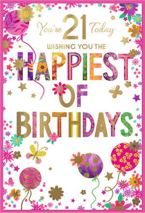 Mark a special 21st birthday with this colourful and celebratory card. Tailored for a female recipient, the design features a lively mix of floral patterns, balloons, butterflies, and stars. The prominent "21" and key message letters are accented with gold foil, providing a touch of shimmer. This card offers a bright and joyful way to wish someone a happy birthday as they celebrate this milestone age. From Simon Elvin, this design is supplied in a pack of 6, ready for your retail display.