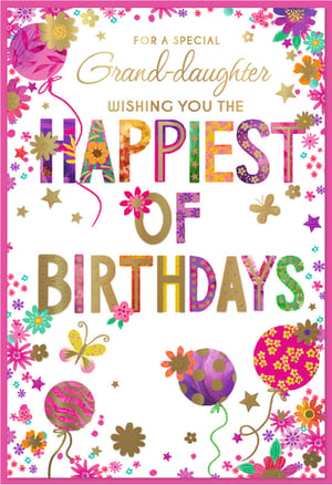 Make her birthday extra special with this enchanting Granddaughter card from Simon Elvin. Bursting with vibrant colours and joyful designs, this card is sure to bring a smile to any granddaughter's face.

Featuring delightful balloons, sparkling gold accents, charming butterflies, and an array of beautiful floral patterns, the eye-catching 'HAPPIEST OF BIRTHDAYS' lettering truly stands out. It's the perfect way to send heartfelt wishes to a beloved granddaughter on her special day. Available in a convenient pack of 6, this design is a must-have for your greeting card selection.