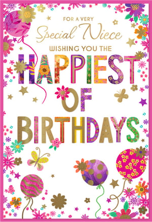 Celebrate your Niece's special day with this wonderfully vibrant birthday card from Simon Elvin. This delightful design is bursting with cheerful colours, featuring an array of pretty flowers, playful balloons, and sparkling stars. The eye-catching 'Happiest of Birthdays' message is presented in fun, patterned lettering, adding an extra touch of joy and festivity.

Perfect for a very special Niece, this charming card is sure to bring a smile. As a wholesale product, these popular cards come in a convenient pack of 6 (1x6), ensuring your shelves are stocked with a lovely choice for customers looking for that perfect birthday greeting.