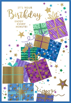 Celebrate in style with this vibrant 'Open Birthday Male' card from Simon Elvin! Featuring a lively cascade of colourful gift boxes in shades of purple, blue, green, and gold, adorned with shimmering ribbons and bows. The festive design is enhanced by a scattering of playful stars and confetti, all set against a crisp white background with a smart blue border.

The elegant gold lettering wishes the recipient "IT'S YOUR Birthday ENJOY EVERY MINUTE!" making it the perfect way to send warm wishes. This cheerful card is ideal for any male recipient, offering a bright and joyful greeting for their special day.