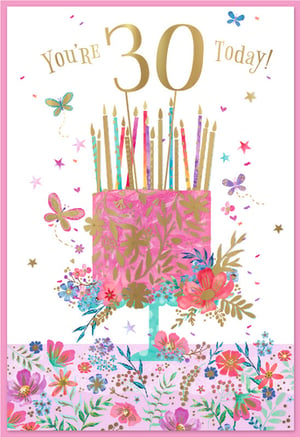 Celebrate a milestone 30th birthday in style with this beautiful card! Featuring a vibrant design, it showcases a stunning pink cake adorned with elegant gold floral patterns and an array of colourful candles. The celebratory message 'You're 30 Today!' shines in sophisticated gold lettering, complemented by delicate butterflies, twinkling stars, and festive confetti. A rich, colourful floral border completes this joyful scene, making it the perfect choice for a special female recipient. Supplied by Simon Elvin, these delightful cards come in a convenient pack of 6, ready to add a touch of sparkle to any birthday display.