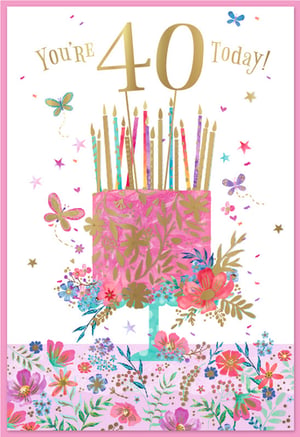 Mark a fabulous 40th birthday with this truly enchanting card! Adorned with a magnificent pink cake, beautifully detailed with shimmering gold patterns and topped with a cheerful array of colourful candles, it's a feast for the eyes. Delicate butterflies dance amidst a vibrant garden of blooming flowers in gorgeous shades of pink, blue, and coral, creating a wonderfully celebratory scene. The elegant gold 'You're 40 Today!' message stands out, making this card the perfect way to honour such a special milestone. With its exquisite design and joyful spirit, this card is guaranteed to make any 40th birthday unforgettable. A delightful choice for a cherished friend or family member.