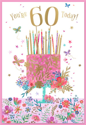 Celebrate a milestone 60th birthday with this beautifully designed card. It showcases a vibrant pink cake, richly decorated with gold foliage patterns and topped with an array of colourful candles. "You're 60 Today!" is prominently displayed in elegant gold lettering. The festive scene is enhanced by playful butterflies, scattered confetti, and a border of cheerful floral arrangements in various shades of pink, blue, and purple. This card offers a joyful and feminine touch, making it ideal for a special female recipient. From Simon Elvin, these quality cards are supplied in a pack of 6, ready for your customers.