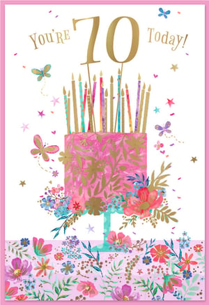 Mark a truly special 70th birthday with this delightful card from Simon Elvin. Our 'Age 70 Female' card boasts a vibrant and elegant design, perfect for celebrating such a significant milestone. It features a stunning pink birthday cake, beautifully decorated with intricate gold floral patterns and an abundance of colourful candles. Delicate butterflies, sparkling confetti, and a gorgeous array of watercolour flowers in shades of pink, blue, and purple enhance the celebratory feel. The prominent gold "You're 70 Today!" message adds a luxurious touch. This eye-catching card is sure to make her 70th birthday feel extra special. Available in a convenient pack of 6, it's an essential addition to your greeting card selection.